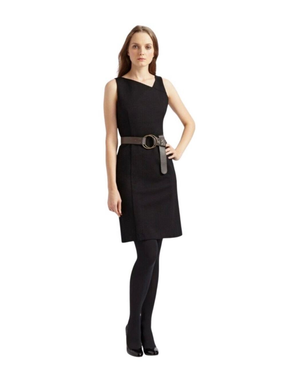 Eileen Fisher Asymmetrical V-Neck Sheath Dress Black 8 Ponte EUC Silk Lined LBD